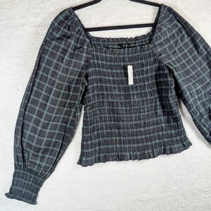 569-NWT Madewell Plaid‎ Smocked Women's Top